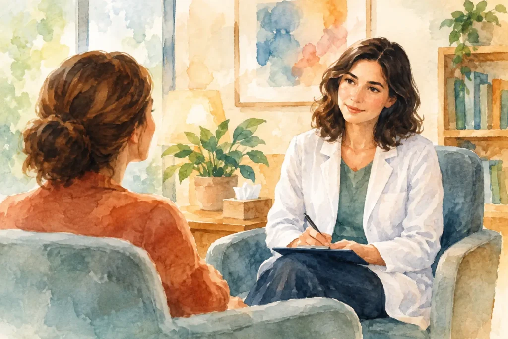 Ilustração em aquarela sobre como preparar consulta psiquiátrica com calma