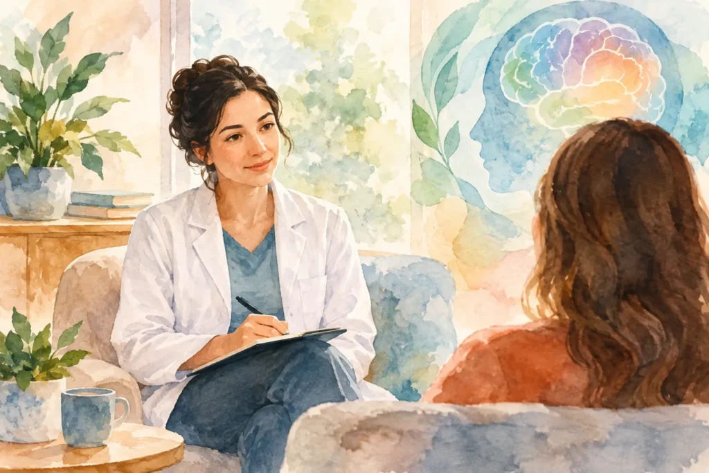 Consulta de acompanhamento psiquiátrico, em aquarela