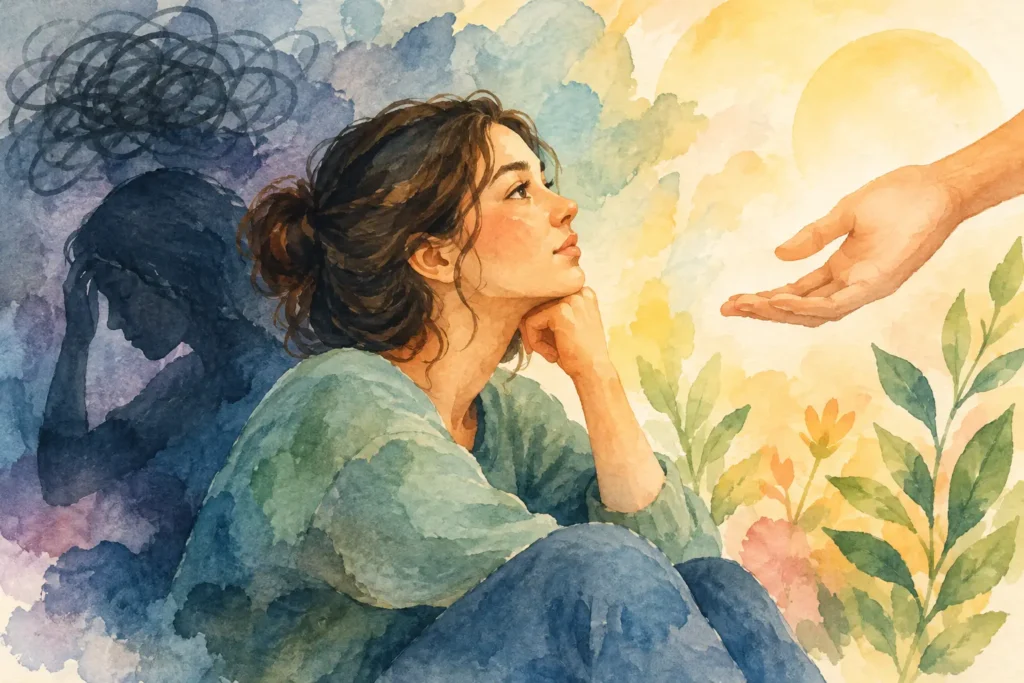 Mão estendida oferecendo apoio a uma mulher pensativa, em aquarela